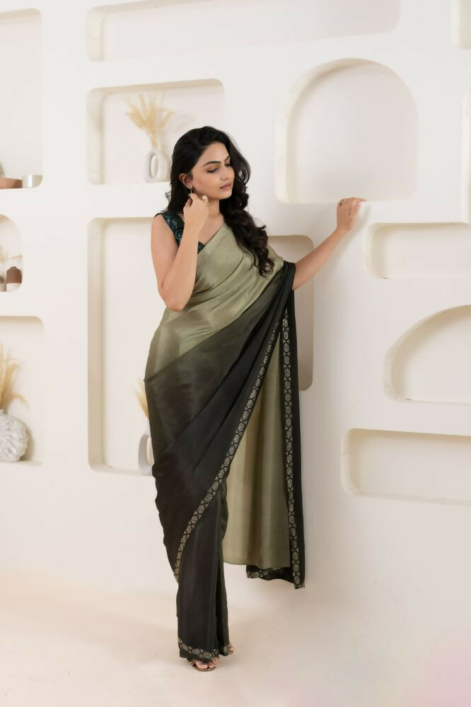 Grey Satin Pedding Designer, Printed Party Wear Ready To Wear Saree - Femina | Grocsy