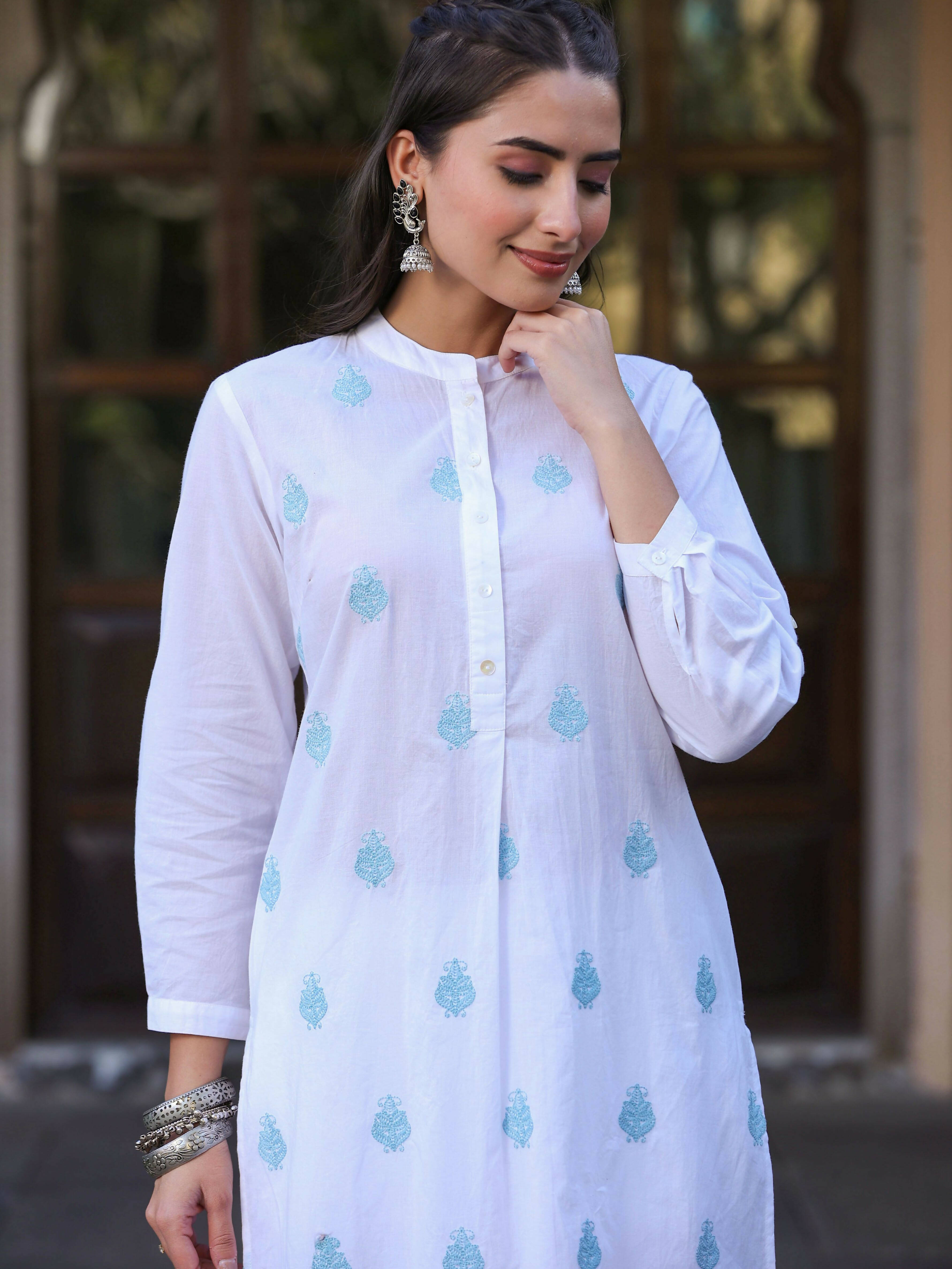Juniper Women's White Cambric Printed Straight Kurta | Grocsy