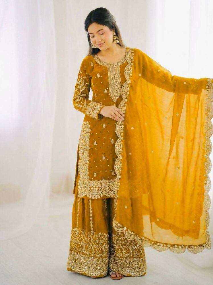 Teeya Creation Yellow Color Fendy Silk Embroidery Work Wedding Wear Salwar Suit | Grocsy