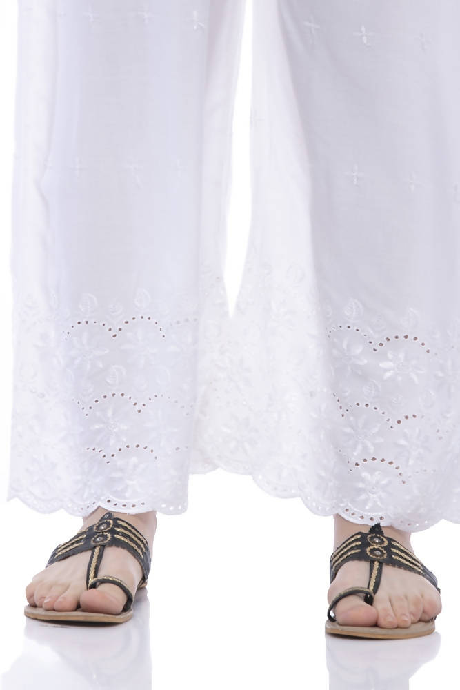 Mominos Fashion Rayon Cotton White Embroidery Chikan Palazzo | Grocsy
