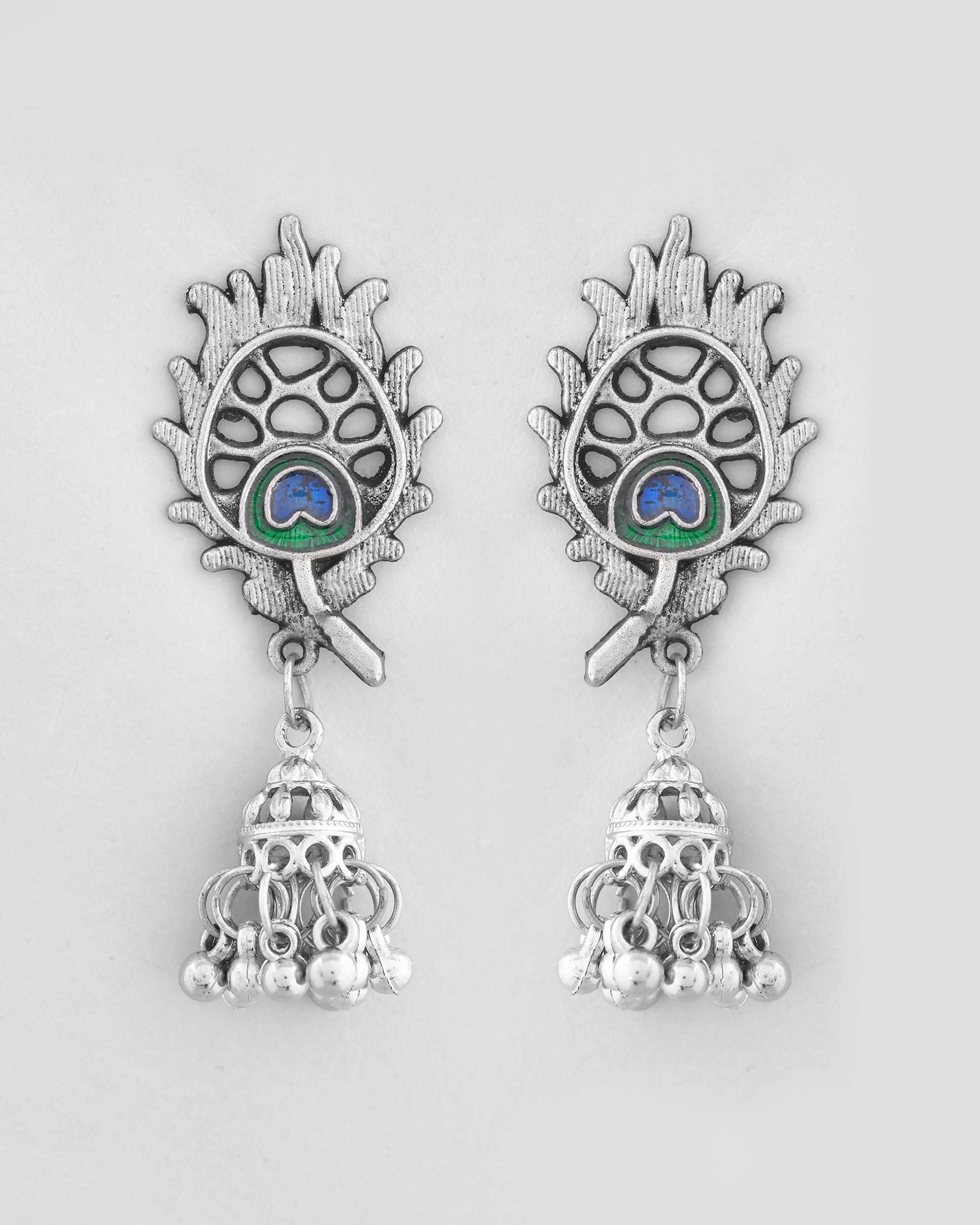 VOJ Silver Plated Oxidized Kanha Shape Long Necklace with Earring Set | Grocsy