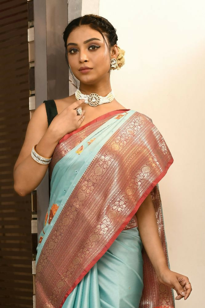 Joban Fashion CGren & Orange Saree Kataan Applick Witch Mirror | Grocsy