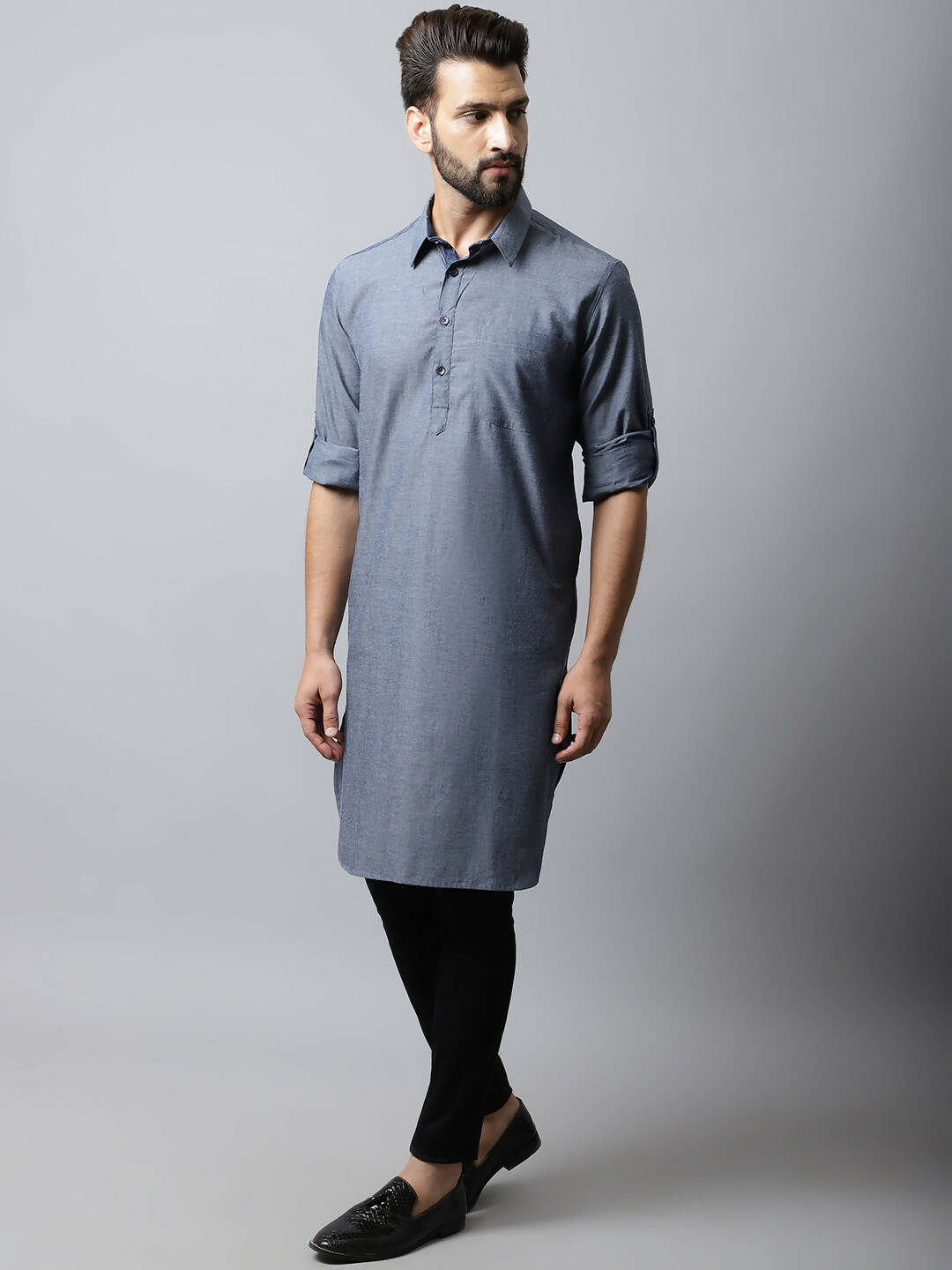 Even Apparels Grey Color Pure Cotton Solid Men's Kurta With Shirt Collar (MMS149) | Grocsy