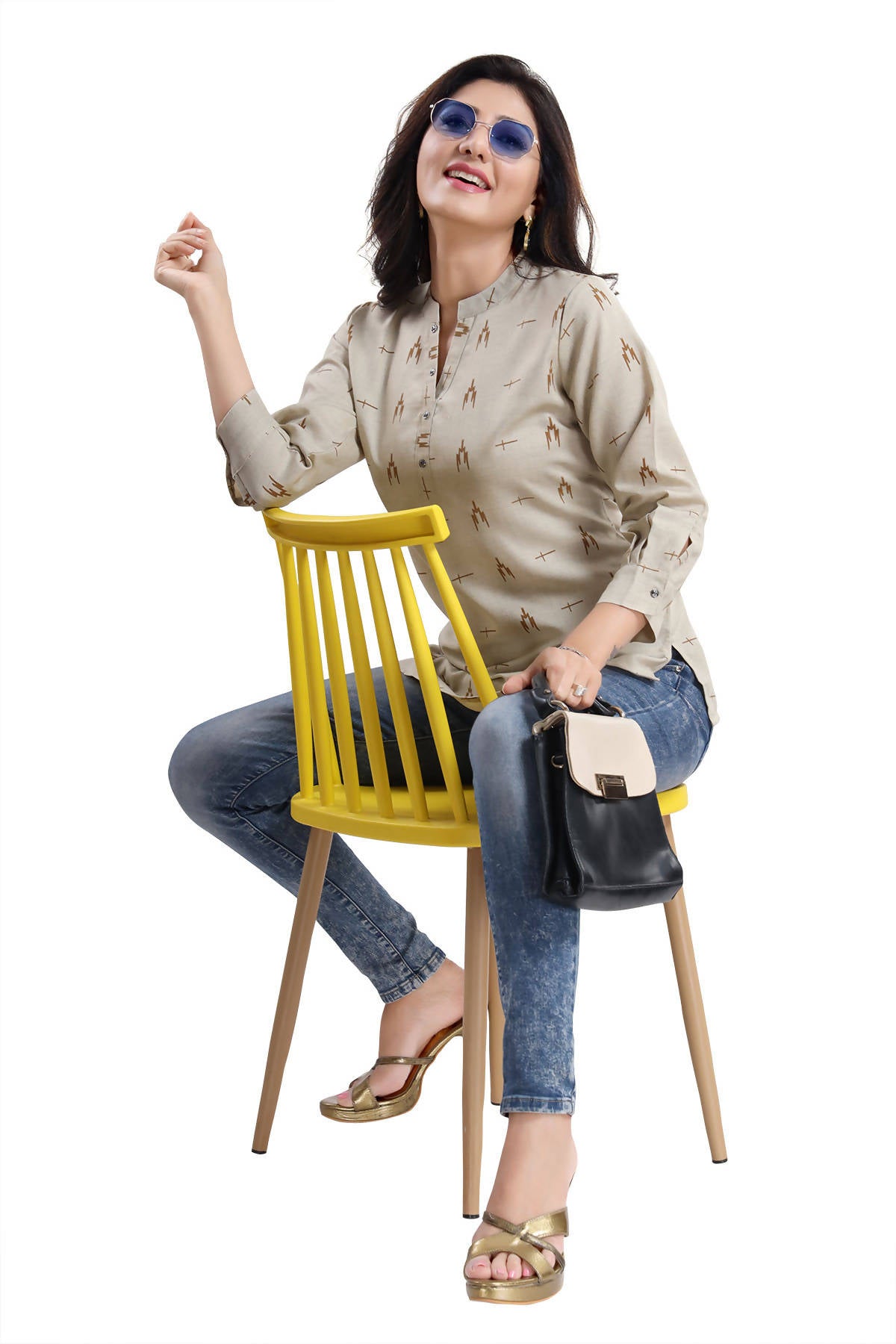 Snehal Creations Beige Cotton Blended Casual Short Tunic Top | Grocsy