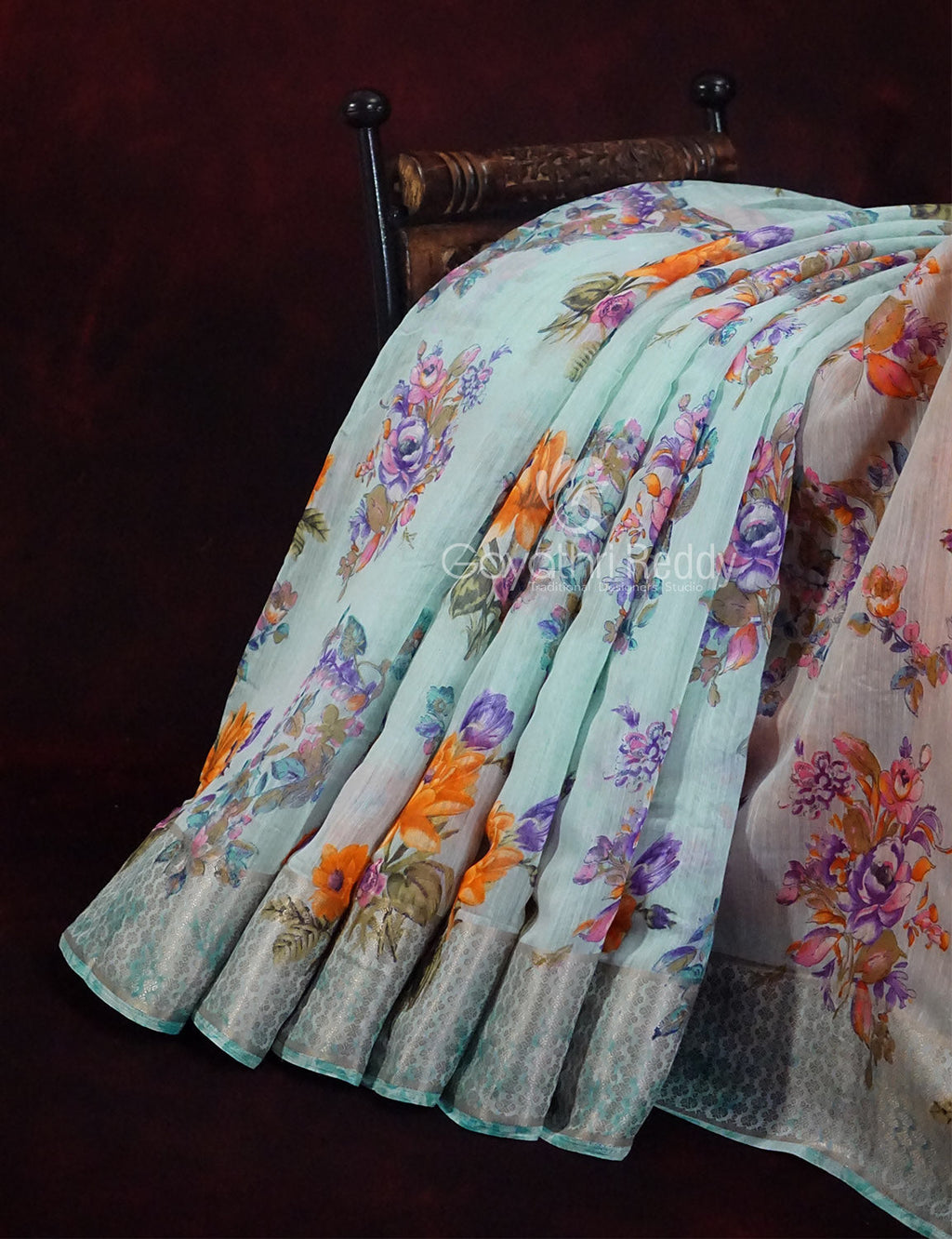 Shades of Sky Blue With Orange Blouse Floral Design Semi Chanderi Saree By Gayathri Reddy Designer Studio | Grocsy