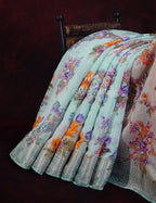 Shades of Sky Blue With Orange Blouse Floral Design Semi Chanderi Saree By Gayathri Reddy Designer Studio | Grocsy