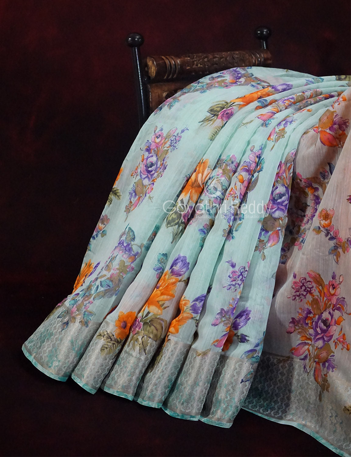 Shades of Sky Blue With Orange Blouse Floral Design Semi Chanderi Saree By Gayathri Reddy Designer Studio | Grocsy