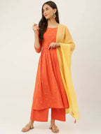 FIORRA Women's Orange Poly Crepe Flared Kurta With Dupatta | Grocsy