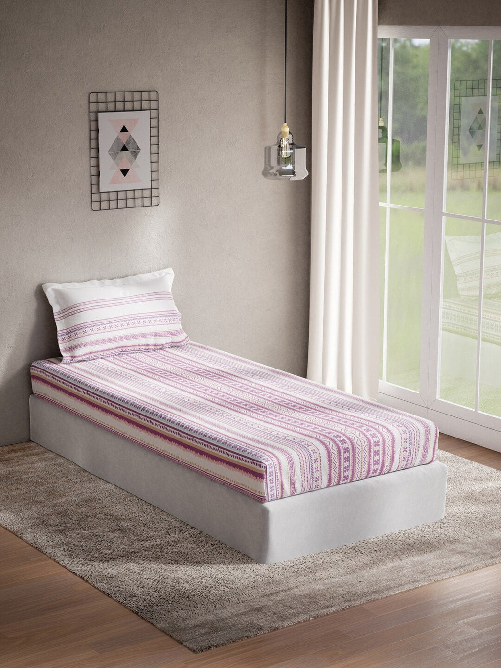 DDecor Purple & White Ethnic Motifs 144 TC Cotton Single Bedsheet with 1 Pillow Cover | Grocsy