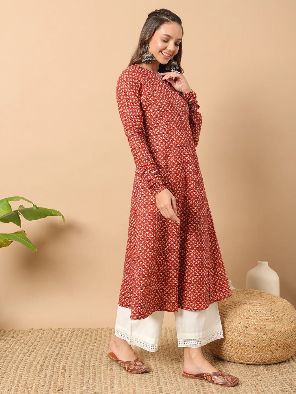 FIORRA Women's Floral Printed Red Cotton A-Line Kurta | Grocsy