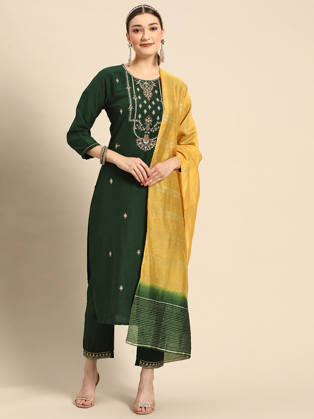 Sangria Women Green Ethnic Motifs Embroidered Pure Cotton Kurta with Trousers & With Dupatta | Grocsy