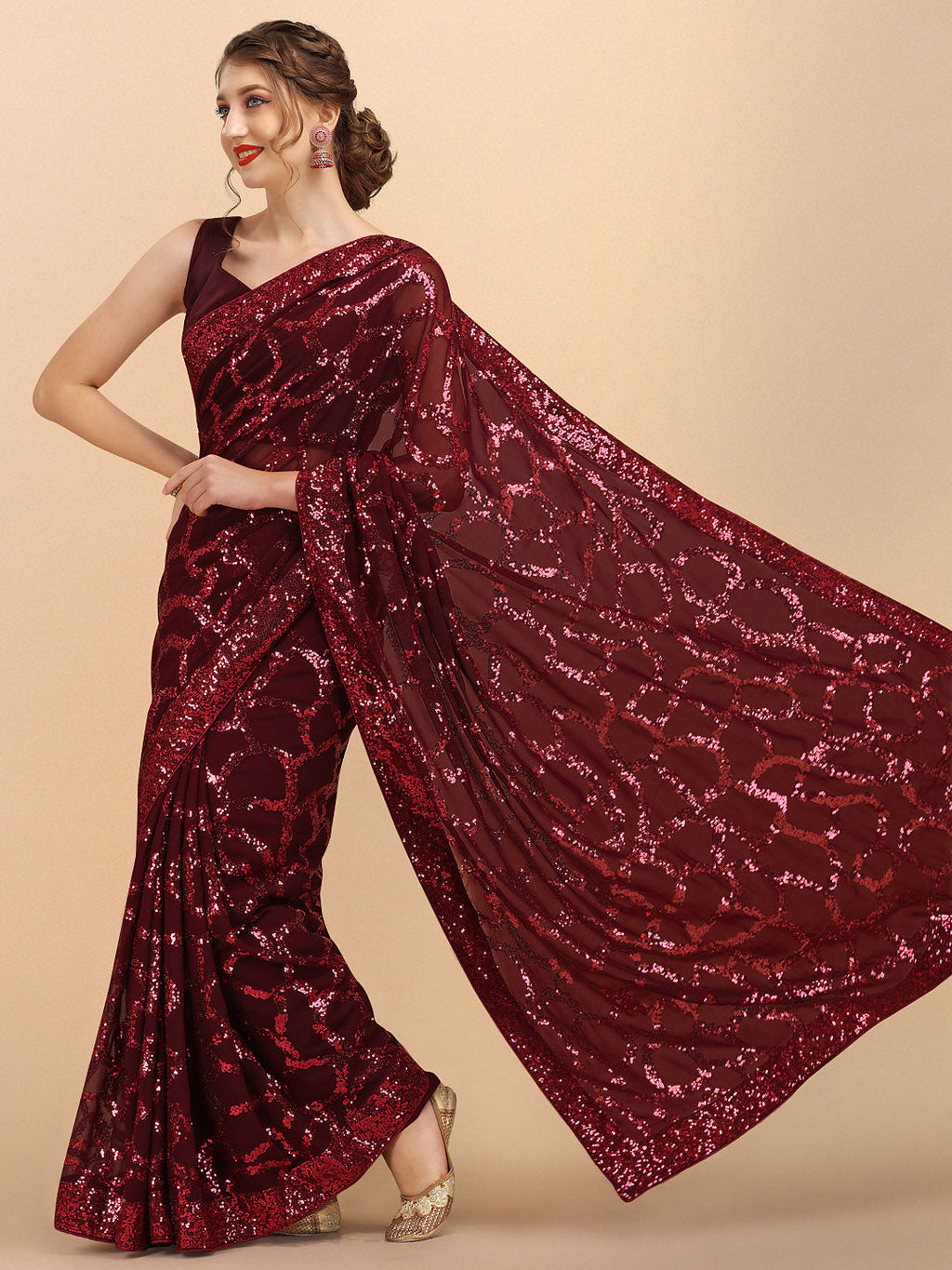 Sangria Burgundy Sequinned Pure Georgette Heavy Work Saree | Grocsy