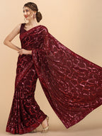 Sangria Burgundy Sequinned Pure Georgette Heavy Work Saree | Grocsy