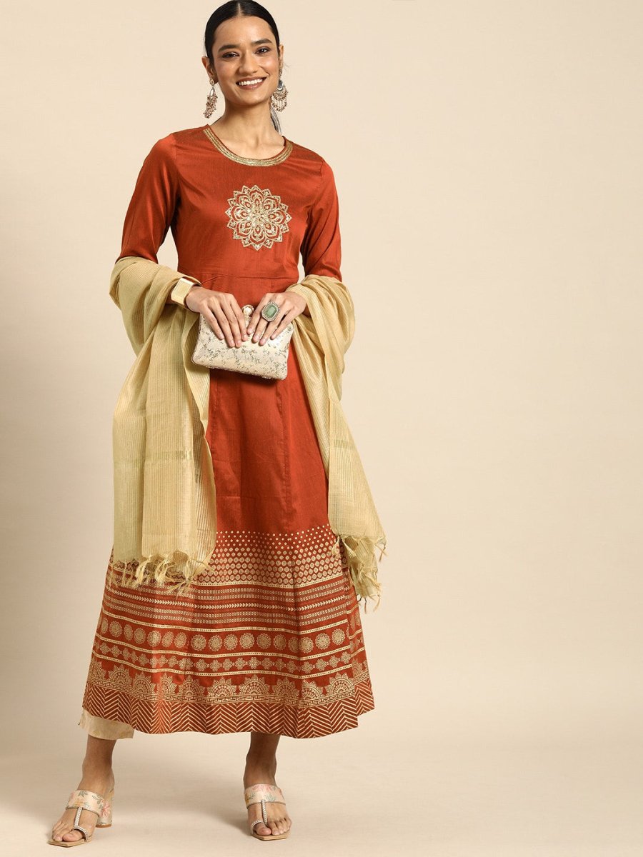 All About You Women Orange& Cream Embroidered Kurta with Dupatta | Grocsy
