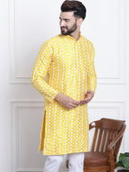 Sojanya Men Yellow & White Ethnic Motifs Embroidered Straight Kurta | Grocsy