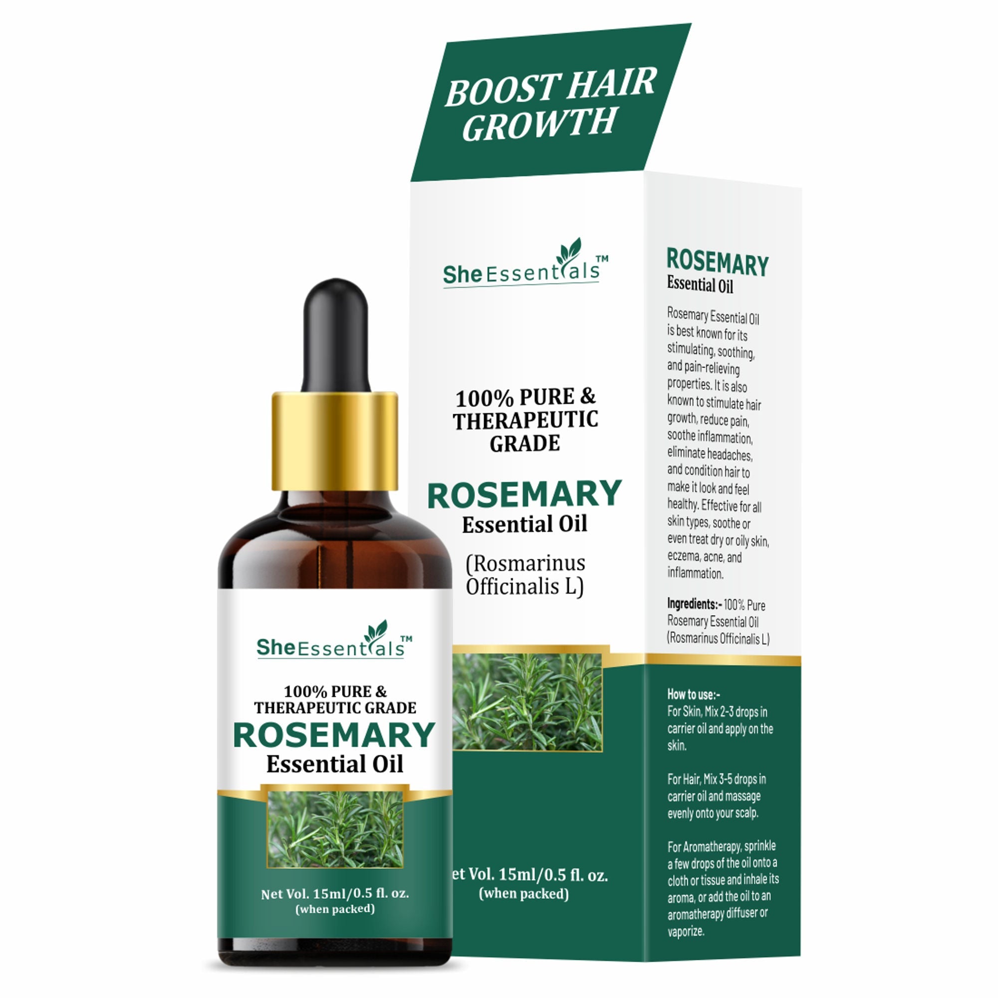 She Essentials Rosemary Essential Oil For Hair Growth & Longer Hair - 100% Pure & Natural | Grocsy