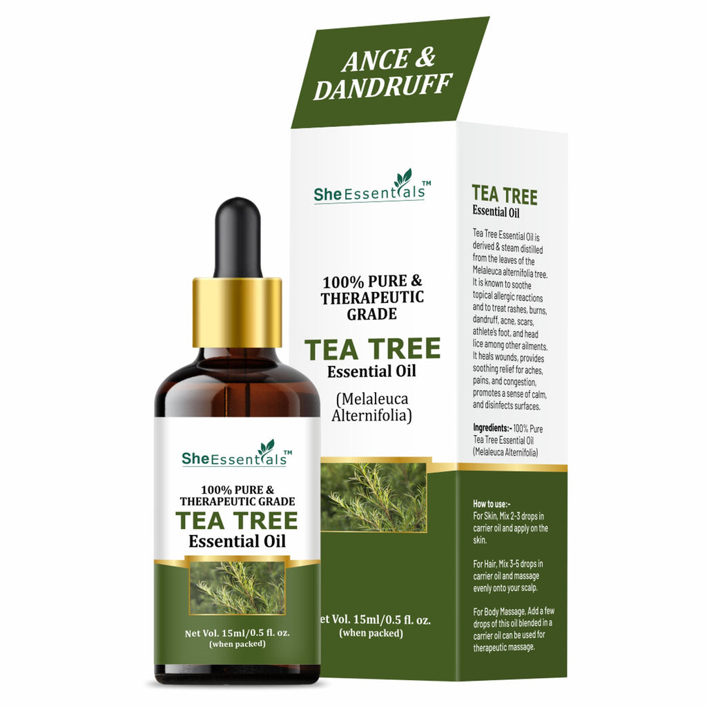 She Essentials Tea Tree Essential Oil For Active Acne & Pimples, Blemishes & Flakes, Organic & Pure | Grocsy