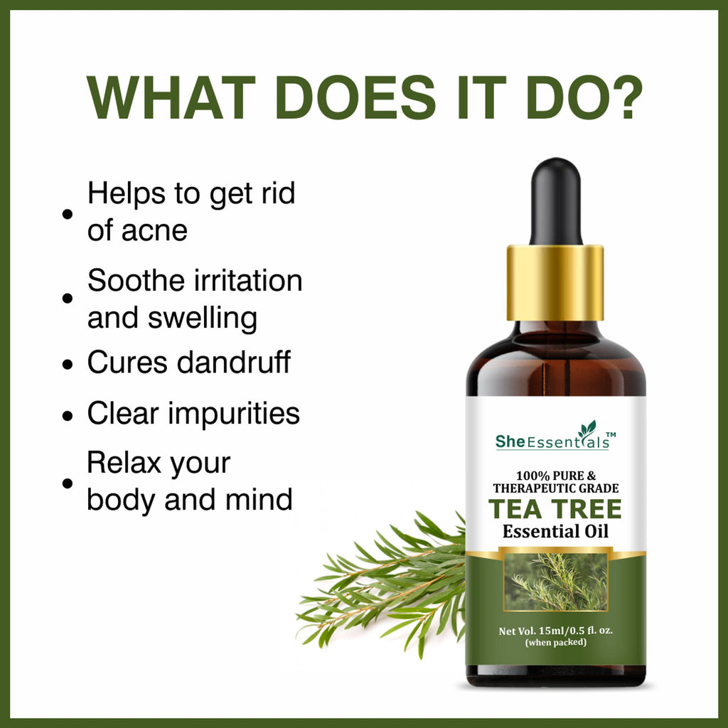 She Essentials Tea Tree Essential Oil For Active Acne & Pimples, Blemishes & Flakes, Organic & Pure | Grocsy