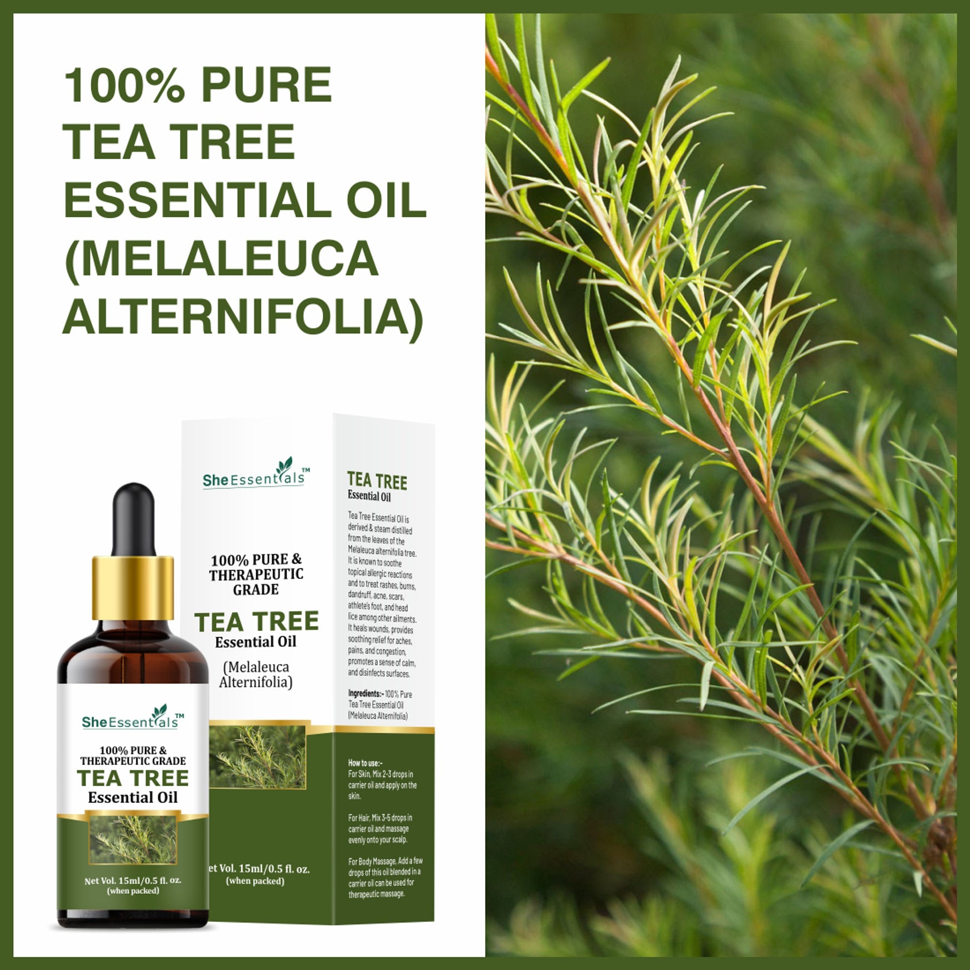 She Essentials Tea Tree Essential Oil For Active Acne & Pimples, Blemishes & Flakes, Organic & Pure | Grocsy