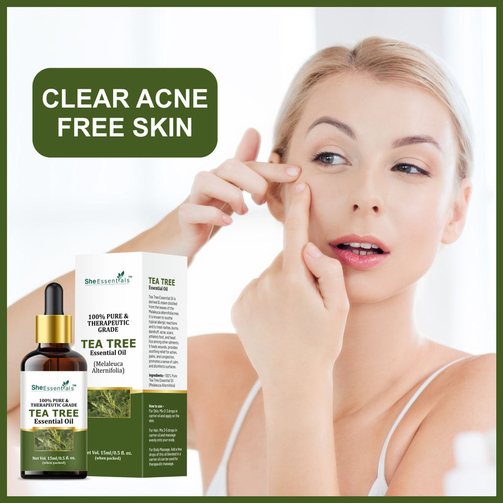 She Essentials Tea Tree Essential Oil For Active Acne & Pimples, Blemishes & Flakes, Organic & Pure | Grocsy
