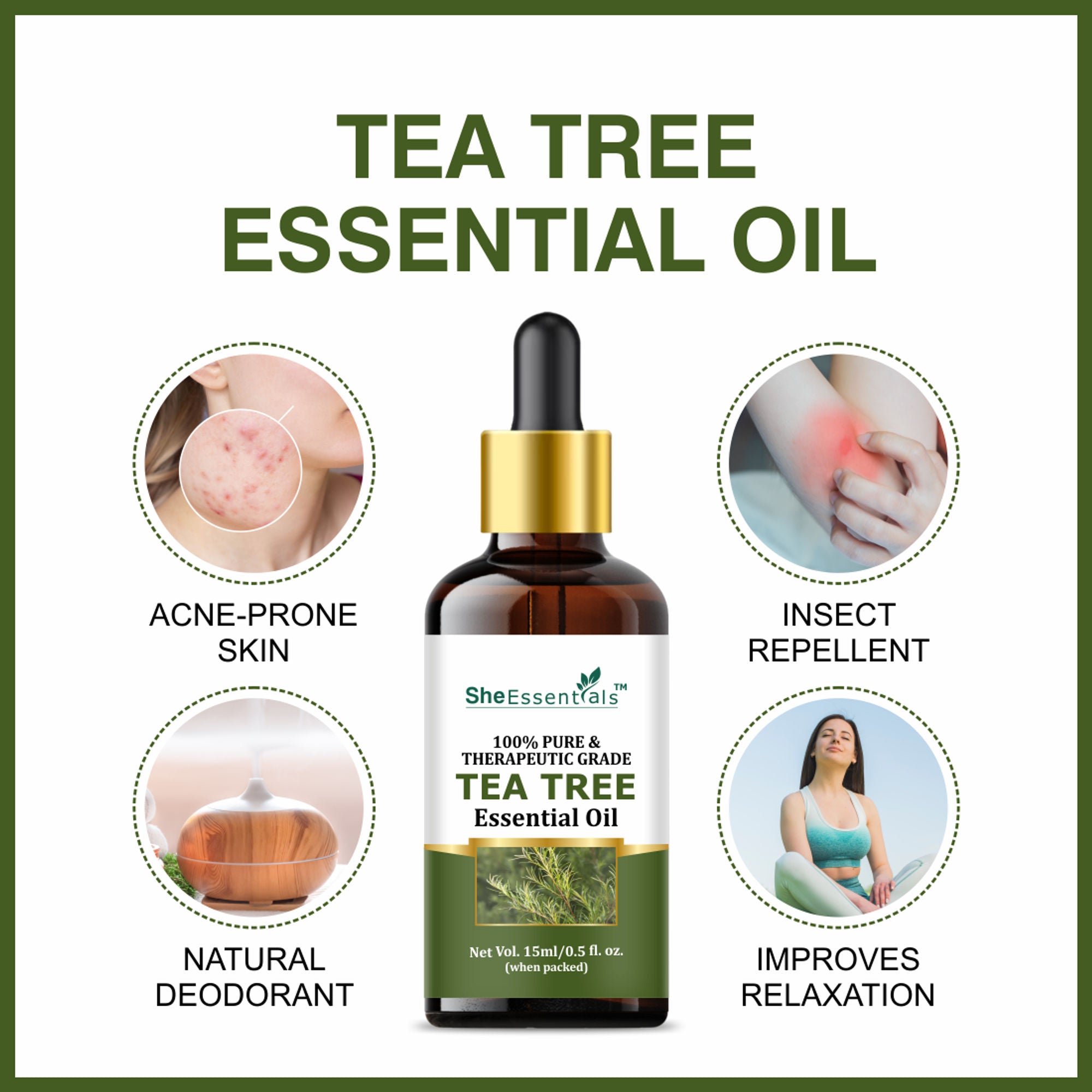She Essentials Tea Tree Essential Oil For Active Acne & Pimples, Blemishes & Flakes, Organic & Pure | Grocsy
