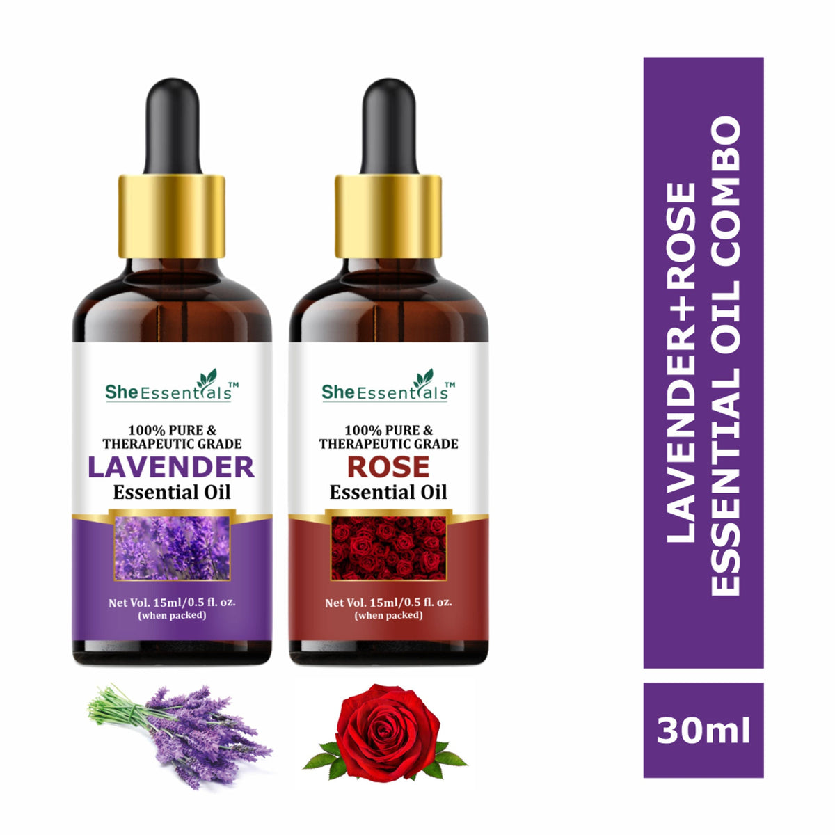She Essentials Lavender & Rose Essential Oil Combo For Skincare & Haircare | Grocsy