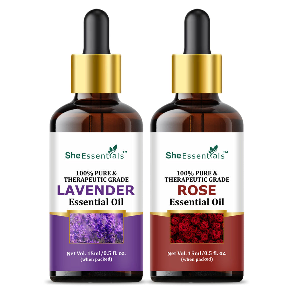 She Essentials Lavender & Rose Essential Oil Combo For Skincare & Haircare | Grocsy