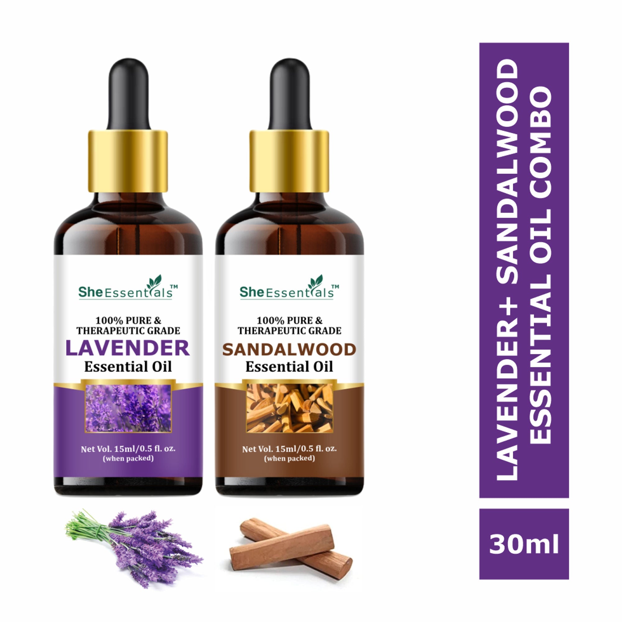 She Essentials Lavender Oil & Sandalwood Essential Oil Combo Healthier Skin & Hair - Restful Sleep | Grocsy
