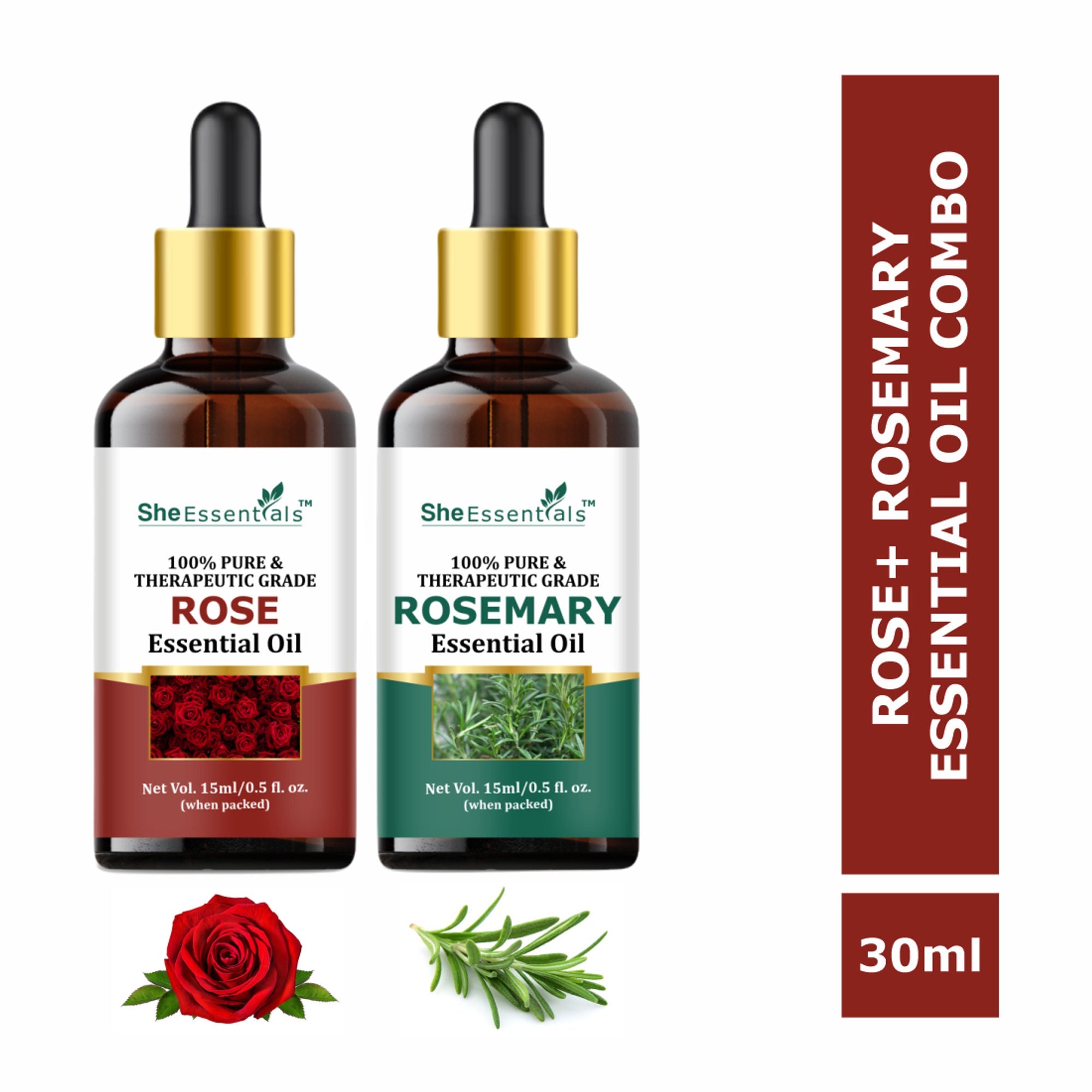 She Essentials Rose Oil & Rosemary Essential Oil Combo - Skincare & Haircare | Grocsy