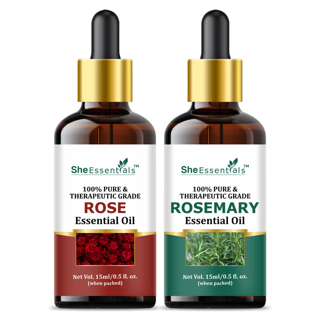 She Essentials Rose Oil & Rosemary Essential Oil Combo - Skincare & Haircare | Grocsy