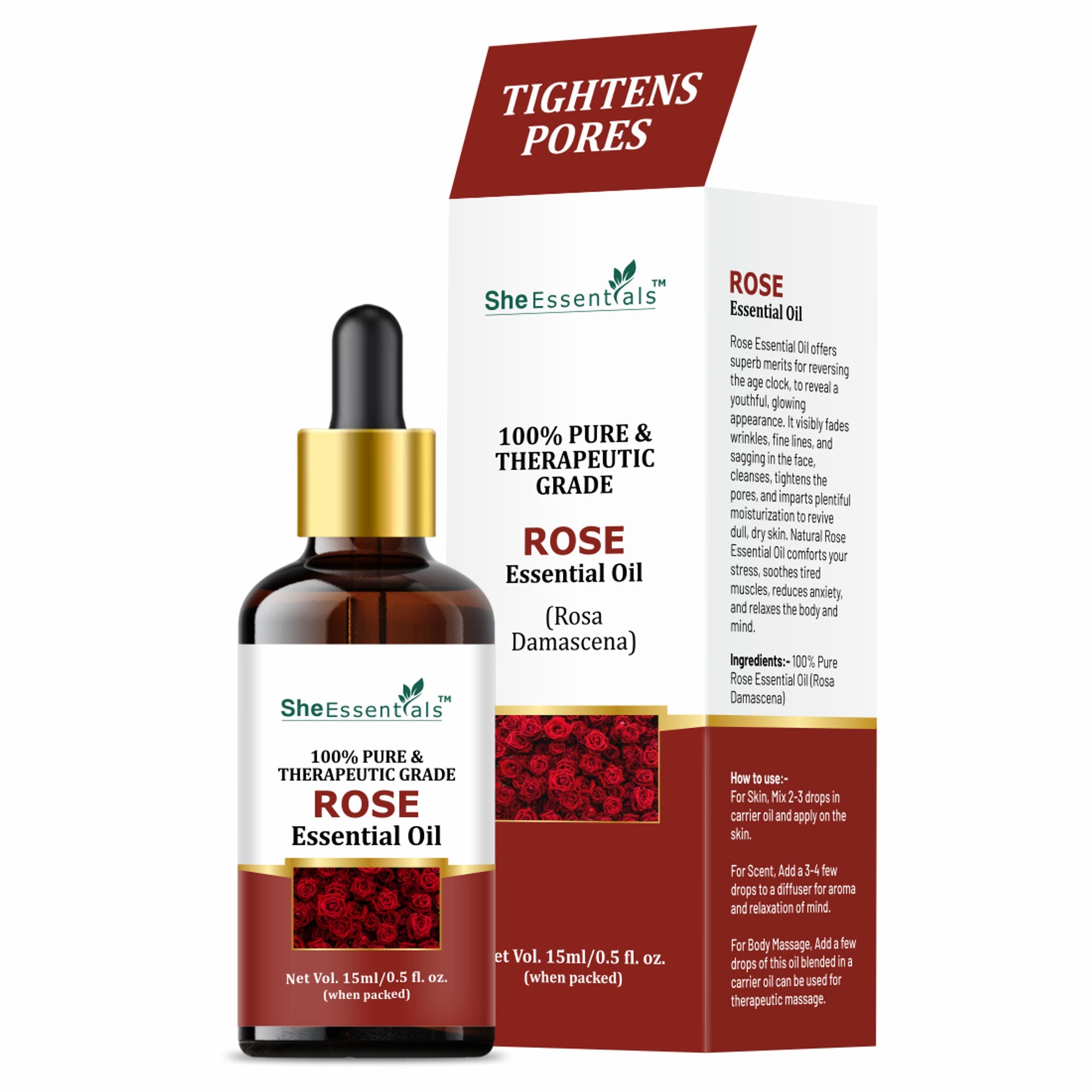 She Essentials Rose Essential Oil For Glowing & Brightening Skin - 100% Natural | Grocsy