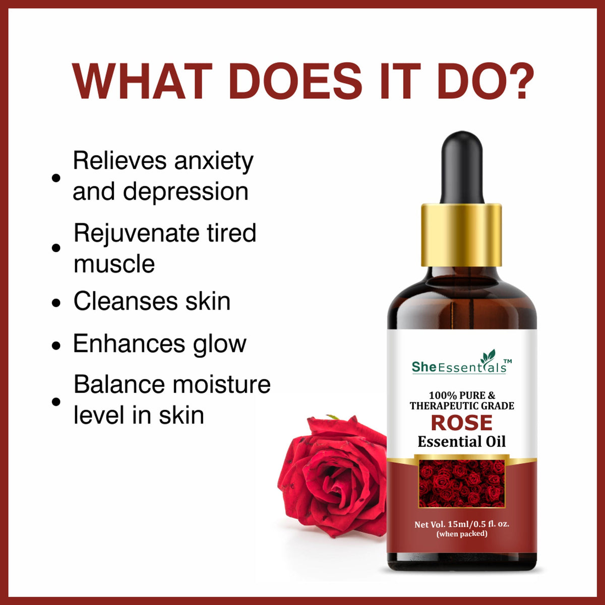She Essentials Rose Essential Oil For Glowing & Brightening Skin - 100% Natural | Grocsy
