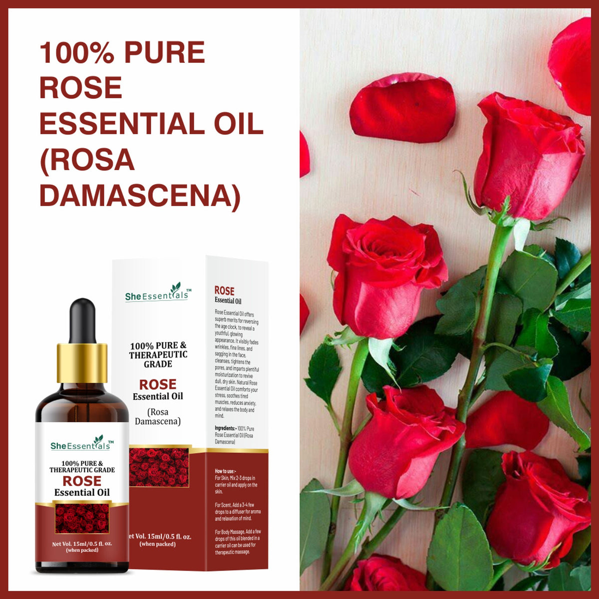 She Essentials Rose Essential Oil For Glowing & Brightening Skin - 100% Natural | Grocsy