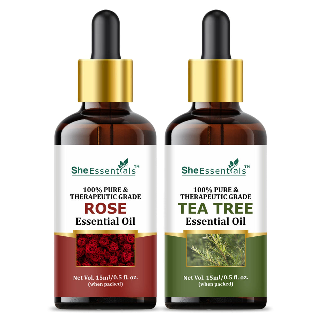 She Essentials Rose Oil & Tea Tree Essential Oil Combo - Hair & Skin | Grocsy