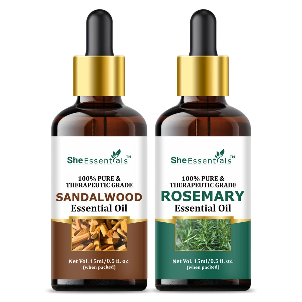 She Essentials Sandalwood Oil & Rosemary Essential Oil Combo - Hair & Skincare | Grocsy