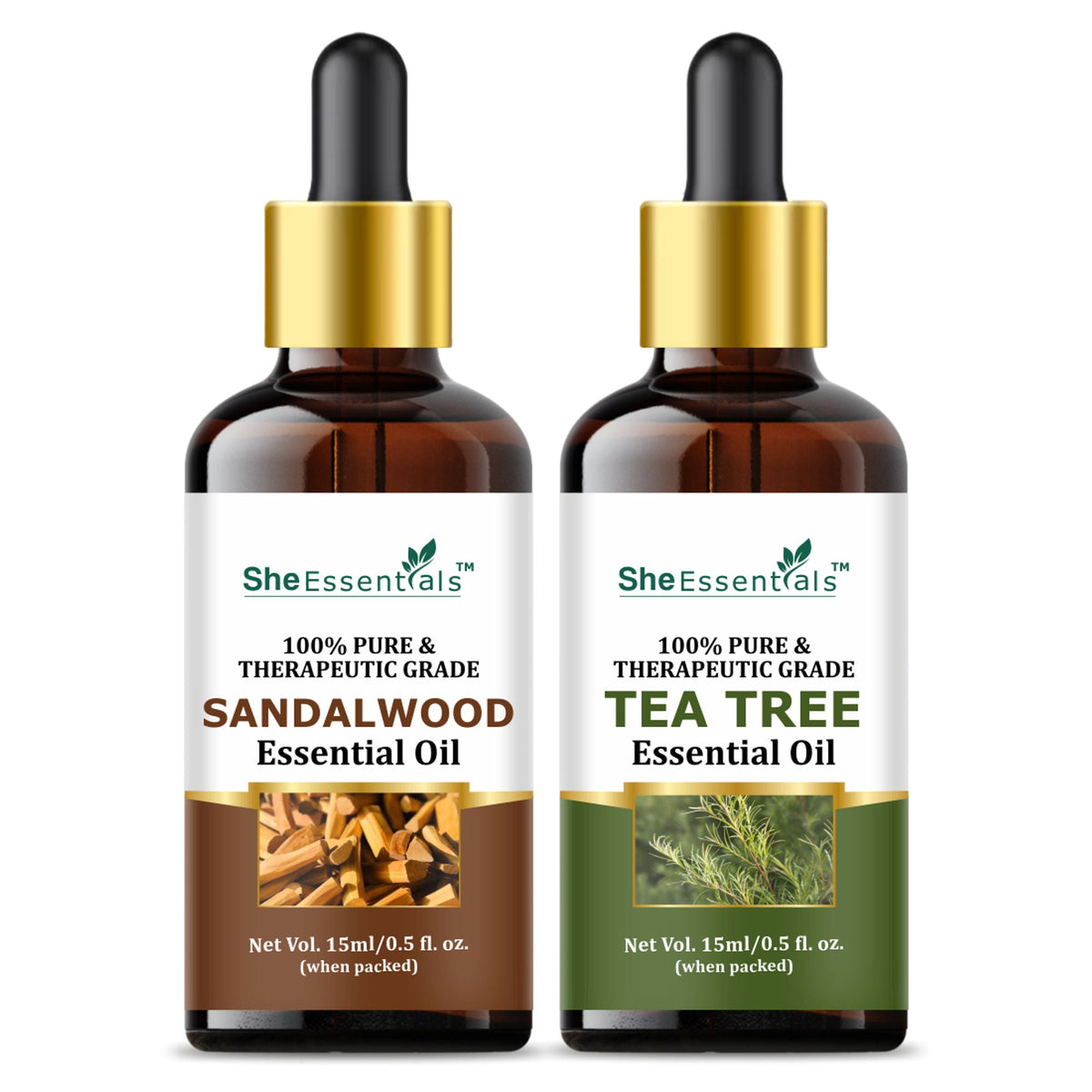 She Essentials Sandalwood & Tea Tree Essential Oil Combo - Hair & Skin | Grocsy
