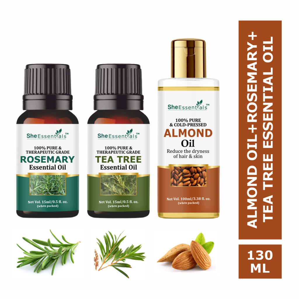 She Essentials Rosemary Essential Oil, Tea Tree & Almond Carrier Oil - Hair Growth & Acne | Grocsy