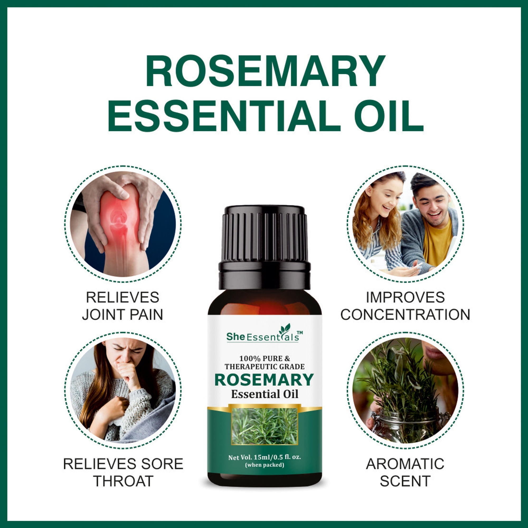 She Essentials Rosemary Essential Oil, Tea Tree & Almond Carrier Oil - Hair Growth & Acne | Grocsy