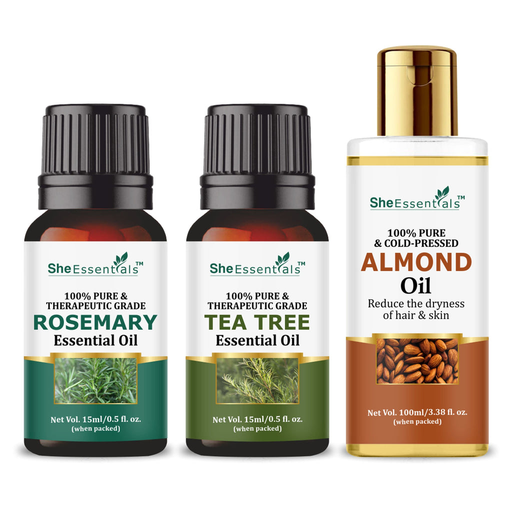 She Essentials Rosemary Essential Oil, Tea Tree & Almond Carrier Oil - Hair Growth & Acne | Grocsy