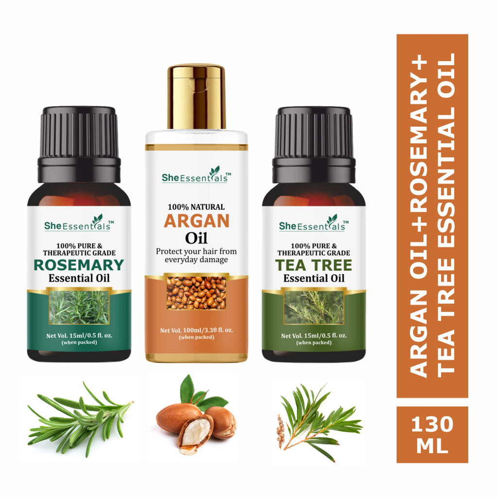 She Essentials Argan Carrier Oil, Rosemary & Tea Tree Essential Oil - Skincare & Hair Care | Grocsy