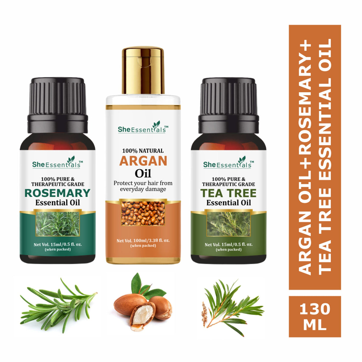She Essentials Argan Carrier Oil, Rosemary & Tea Tree Essential Oil - Skincare & Hair Care | Grocsy