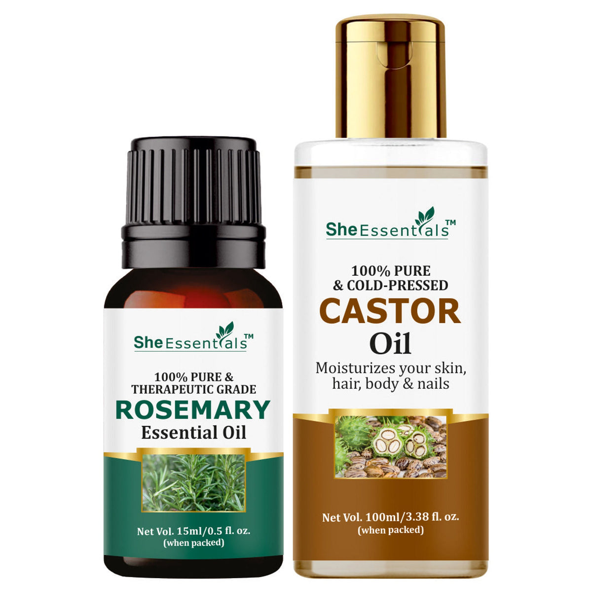 She Essentials Rosemary Essential Oil & Castor Oil Combo For Haircare & Skincare | Grocsy
