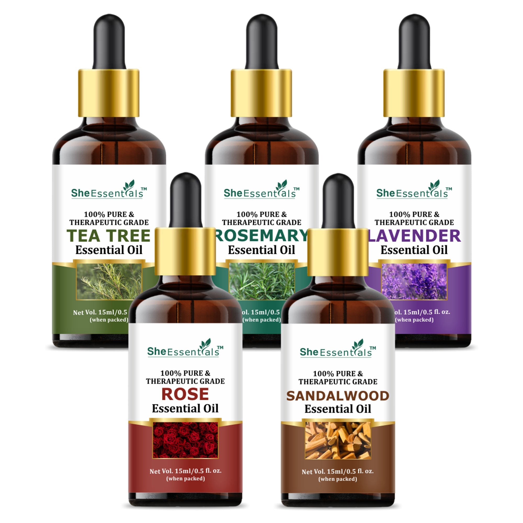 She Essentials Rosemary, Teatree, Rose, Lavender & Sandal Essentials Oil (Set Of 5) | Grocsy