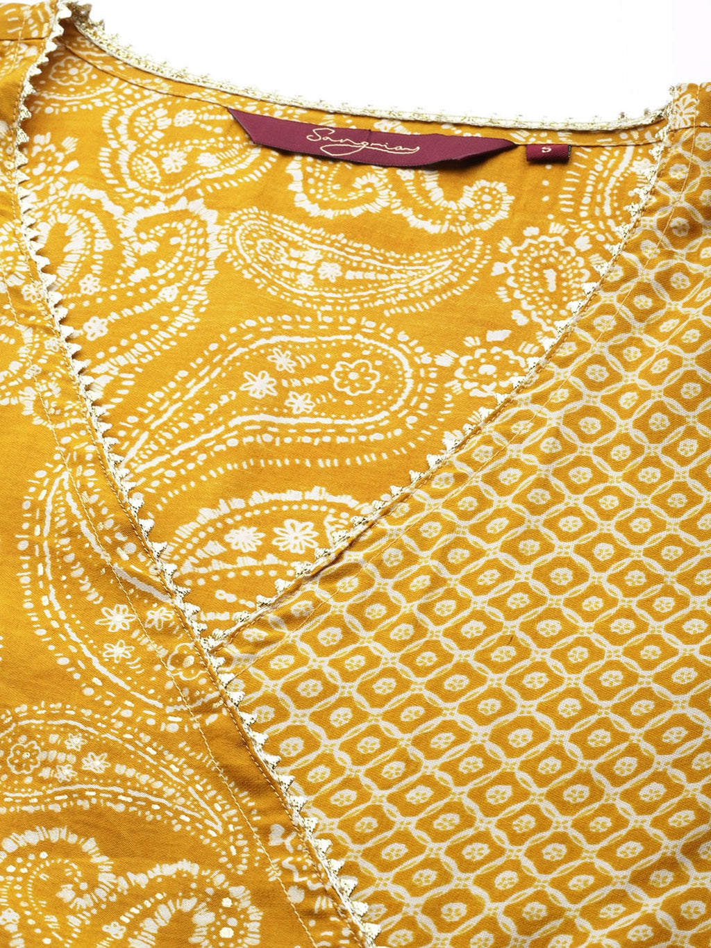 Sangria Women Mustard Yellow Ethnic Motifs Printed Angrakha Gotta Patti Kurta with Trousers | Grocsy