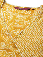 Sangria Women Mustard Yellow Ethnic Motifs Printed Angrakha Gotta Patti Kurta with Trousers | Grocsy