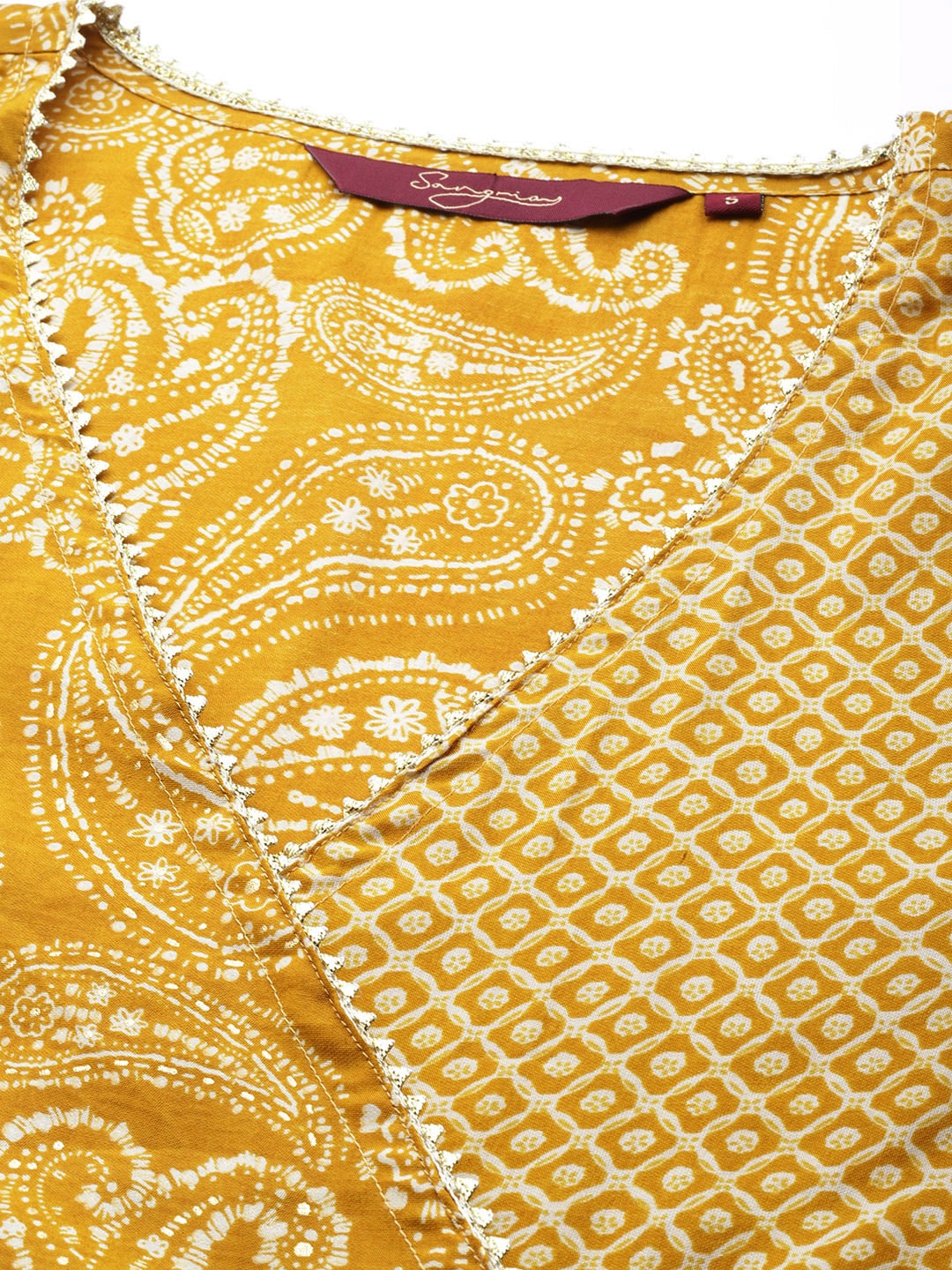 Sangria Women Mustard Yellow Ethnic Motifs Printed Angrakha Gotta Patti Kurta with Trousers | Grocsy