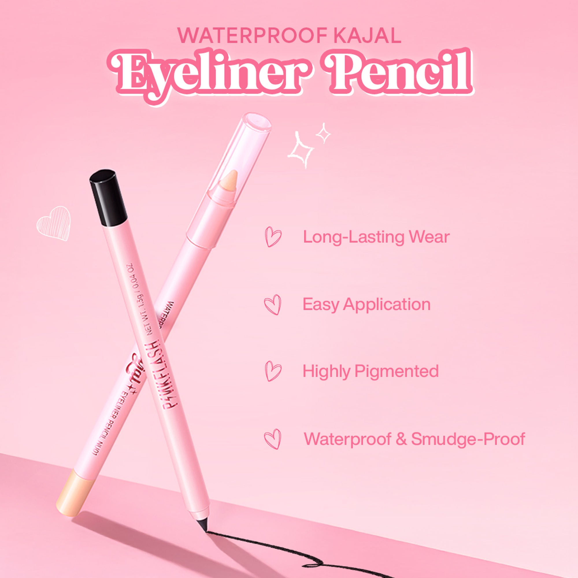 PINKFLASH Waterproof Kajal Eyeliner Pencil - Bk01 Black | Grocsy
