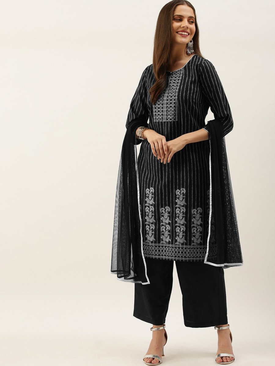 All About You Women Black & Grey Striped Keyhole Neck Kurta with Palazzos & Dupatta | Grocsy