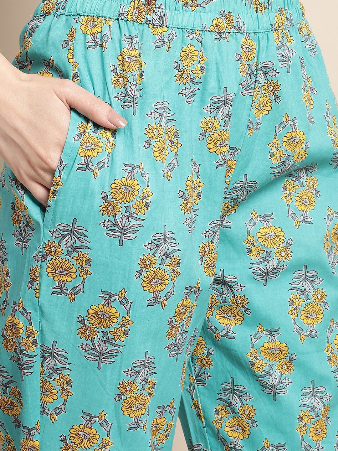 Sangria Blue & Gold Ethnic Motifs Printed Pure Cotton Kurta With Trouser & Dupatta | Grocsy