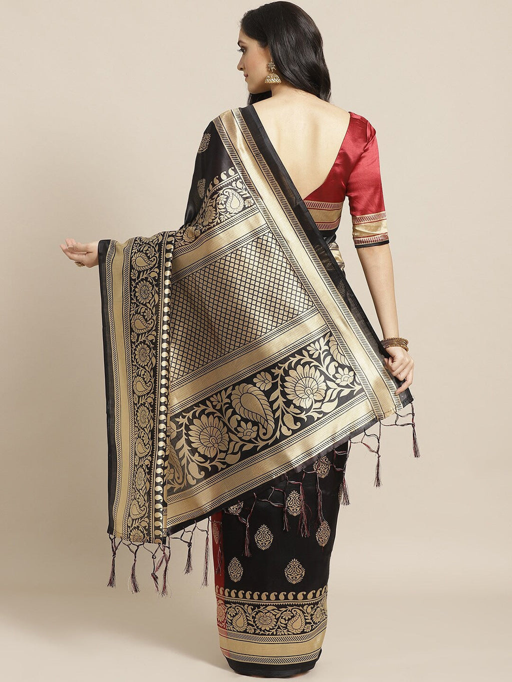Saree Mall Black & Red Half & Half Printed Saree | Grocsy